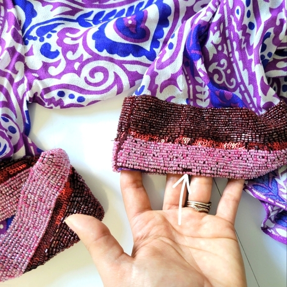 Zara Vibrant Purple Paisley Boho Long Sleeve V Neck Blouse with Beaded Sleeves - Picture 12 of 12